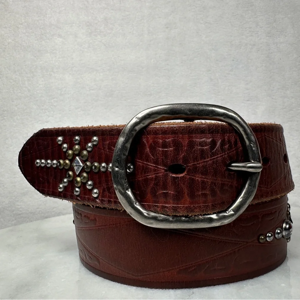 Brown Leather Studded Belt‎ boho bohemian silver biker western southwest